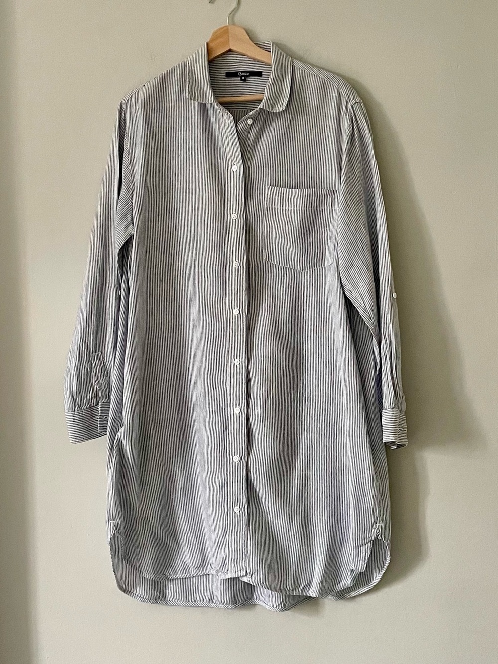 Quince European Linen Shirt Dress Blue Pinstripe